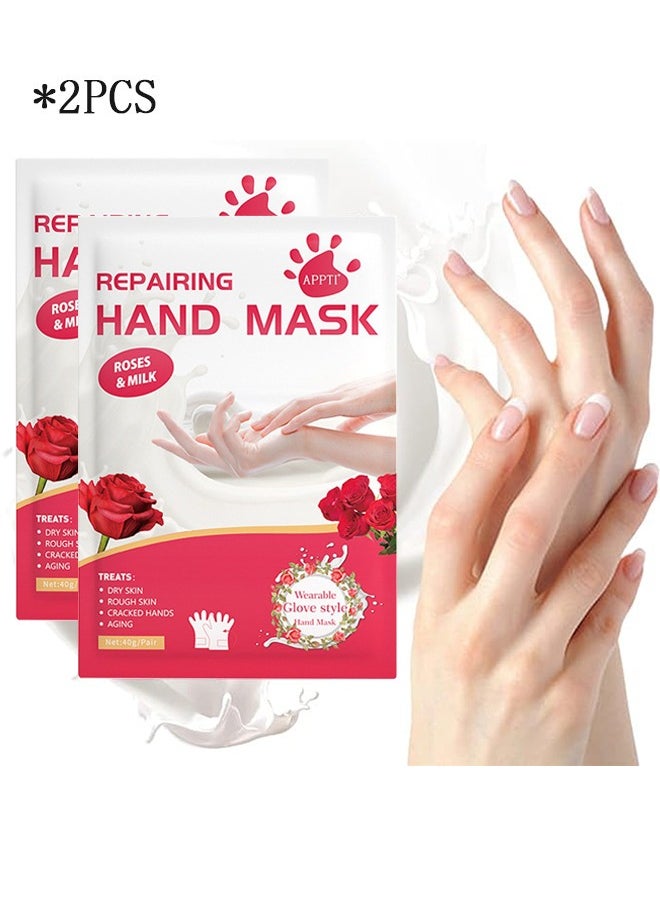 APPTI 2 Pcs Rose Milk Hand Mask, Moisturizing Repair Rough and Dry Skin for Men and Women, SPA Gloves for Hands Exfoliating Hand Peeling Masks for Soothing and Whitening Rough Skin  - Image 1