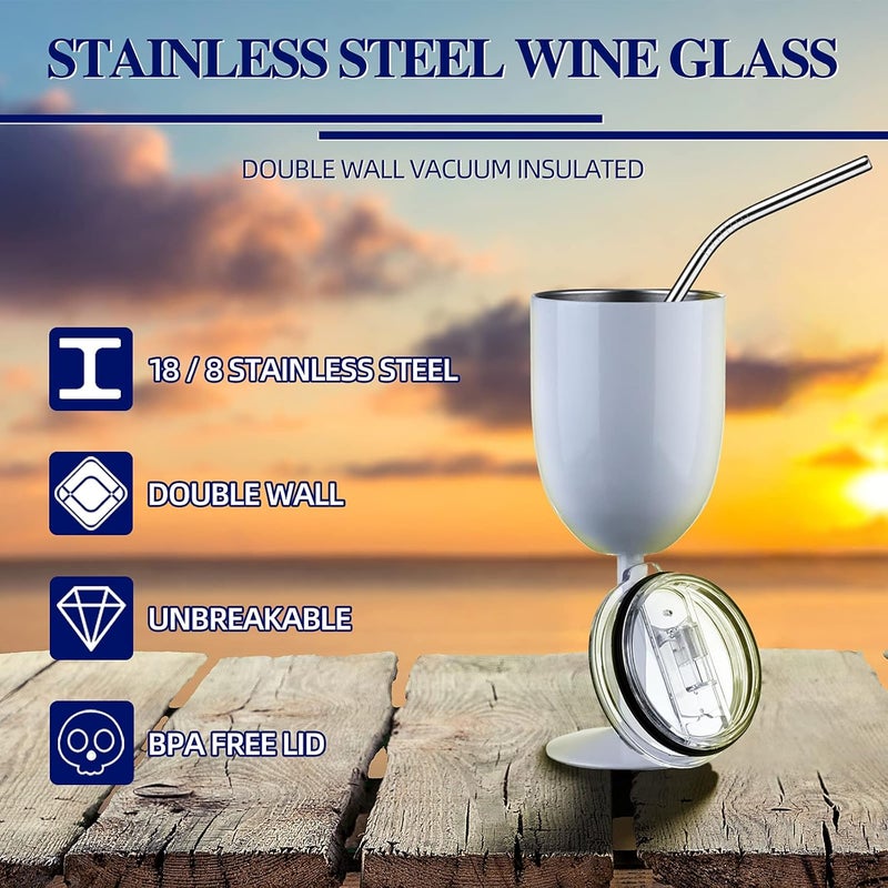 Geiserailie 3 Pcs Stemmed Stainless Steel Wine Glasses with Lid Double Wall Insulated Wine Tumbler with Drinking Straw and Straw Brush 10 oz Cups for Christmas GiftsBlack White Silver3 Pieces - Image 3