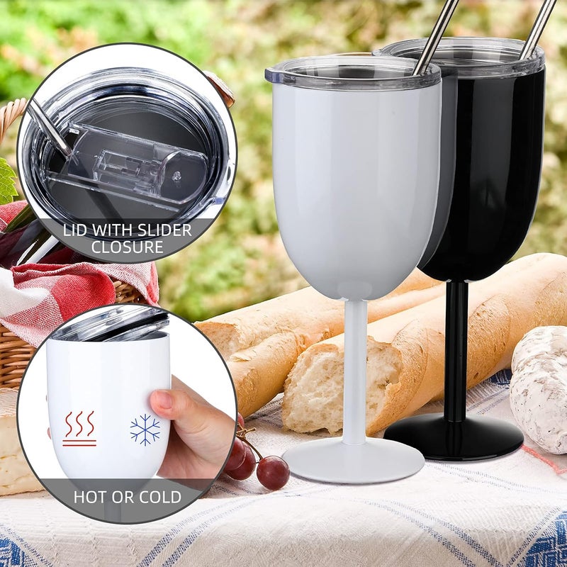 Geiserailie 3 Pcs Stemmed Stainless Steel Wine Glasses with Lid Double Wall Insulated Wine Tumbler with Drinking Straw and Straw Brush 10 oz Cups for Christmas GiftsBlack White Silver3 Pieces - Image 4