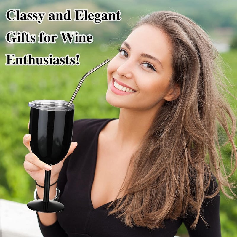 Geiserailie 3 Pcs Stemmed Stainless Steel Wine Glasses with Lid Double Wall Insulated Wine Tumbler with Drinking Straw and Straw Brush 10 oz Cups for Christmas GiftsBlack White Silver3 Pieces - Image 5