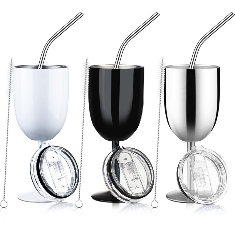 Geiserailie 3 Pcs Stemmed Stainless Steel Wine Glasses with Lid Double Wall Insulated Wine Tumbler with Drinking Straw and Straw Brush 10 oz Cups for Christmas GiftsBlack White Silver3 Pieces - Image 1