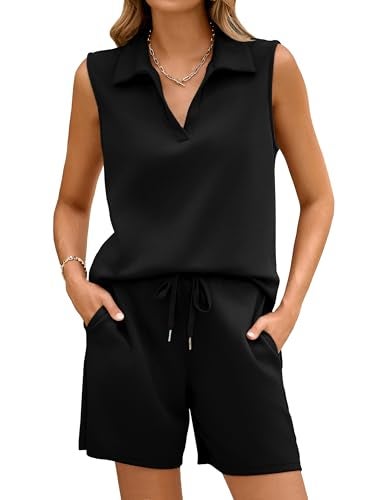 Glamaker Womens Two Piece Short Sets Summer Sleeveless Pullovers Tops and Drawstring High Waist Shorts with Pockets (Black S) - Image 1