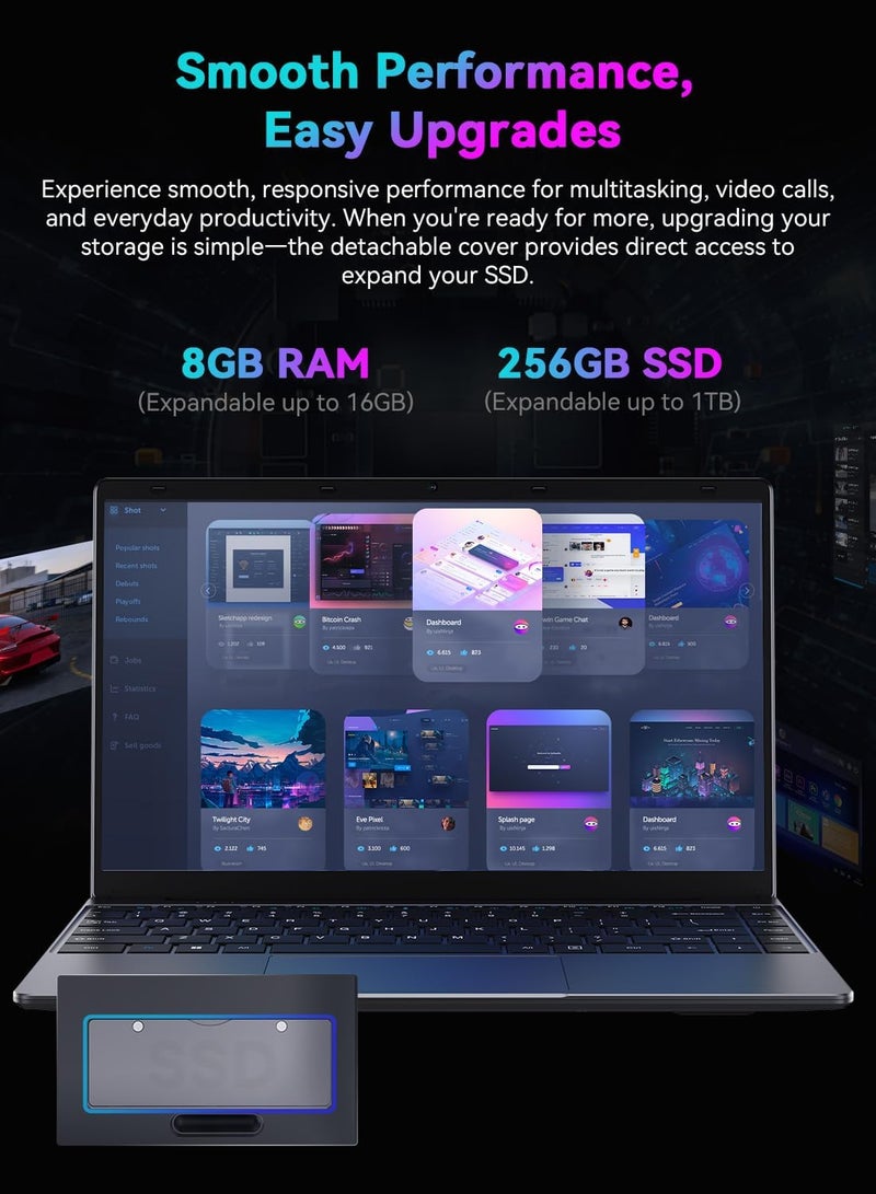 14.1 inch Laptop Computer,CoreBook i3 Dual-Core Processor(Up to 3.9GHz), Office 2024 Traditional Laptop 8GB RAM 256GB SSD, FHD 1920 * 1080,Win 11 Home,laptops for Gaming,WiFi 5,BT 4.2 ，HDMI，Webc - Image 3