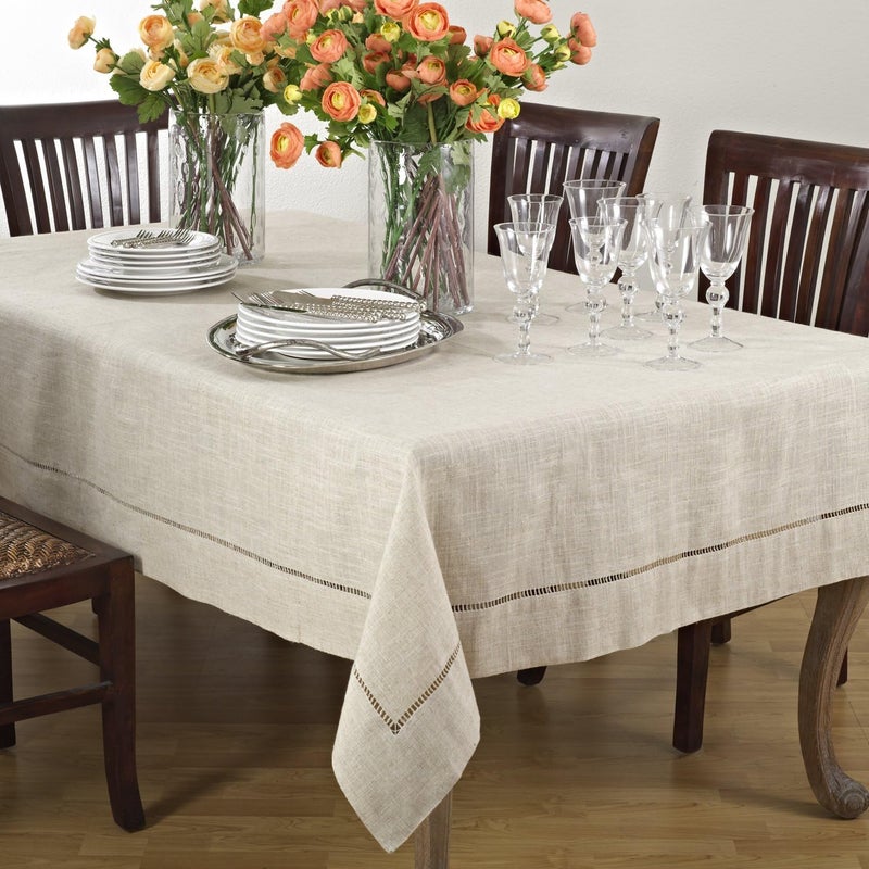 Fennco Styles Toscana Handmade Hemstitch Contemporary Linen Blend for Dinner Table Picnic Table Parties Wedding Decorations Exhibitions Natural Tablecloth 65 x104 Rectangular - Image 2