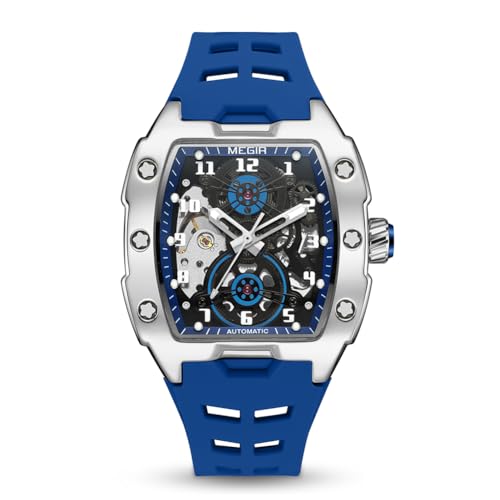 MEGIR Automatic Mechanical Men Watch, Silicone Band, 43x50mm Alloy Case, 3ATM Water Resistant, Luminous Hands, Blue - Image 1