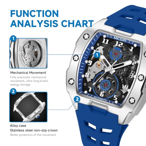 MEGIR Automatic Mechanical Men Watch, Silicone Band, 43x50mm Alloy Case, 3ATM Water Resistant, Luminous Hands, Blue - Image 2