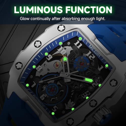 MEGIR Automatic Mechanical Men Watch, Silicone Band, 43x50mm Alloy Case, 3ATM Water Resistant, Luminous Hands, Blue - Image 5