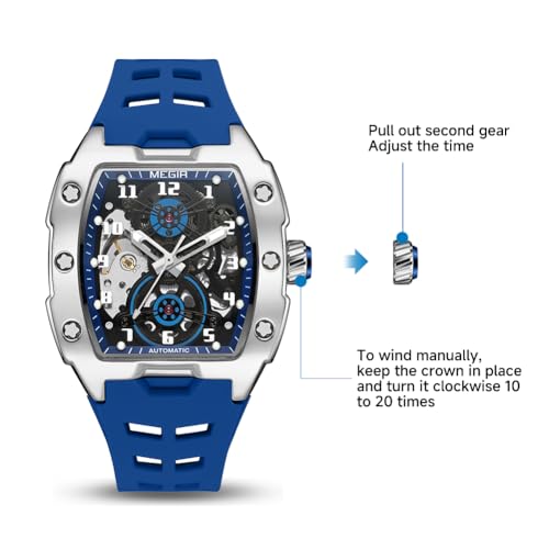 MEGIR Automatic Mechanical Men Watch, Silicone Band, 43x50mm Alloy Case, 3ATM Water Resistant, Luminous Hands, Blue - Image 3