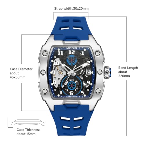 MEGIR Automatic Mechanical Men Watch, Silicone Band, 43x50mm Alloy Case, 3ATM Water Resistant, Luminous Hands, Blue - Image 4