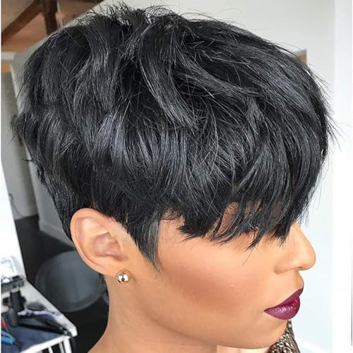 BingSing Human Hair Pixie Cut Wig Short Wigs for Black Women Short Curly Wigs for Black Women Layered Wavy Black Pixie Wig (BLACK) - Image 1