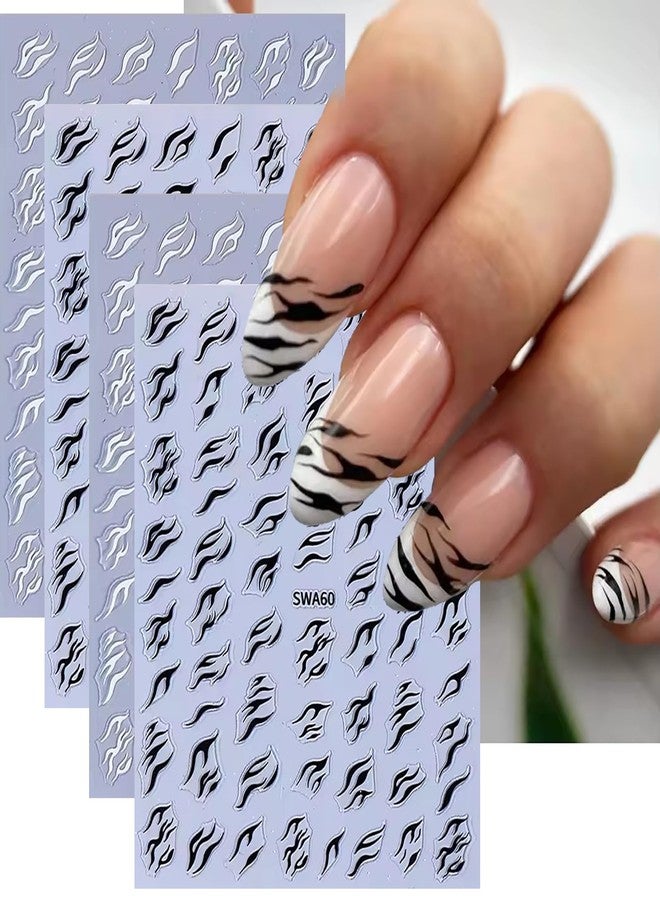 HYWWPFLAY 4 Sheets 3D Black White Zebra Print Nail Stickers, Self - Adhesive 3D Zebra Pattern Nail Art Stickers, French Tip Design Nail Decals for Women Girls DIY Manicure Decor Supplies - Image 1