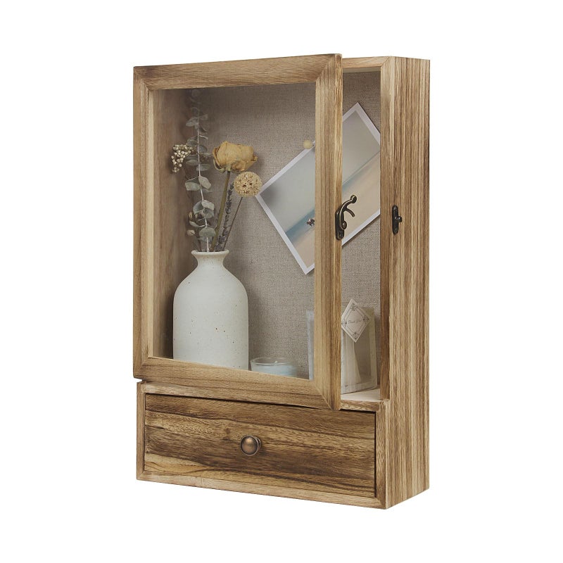 Butizone Butizone Shadow Box Frame 32 Deep Shadow Box Display Case with Real Glass and Drawer Rustic Wood Memory Box for Pictures Flowers Memorial Medals Wedding Bouquet for Wall or Tabletop Brown 