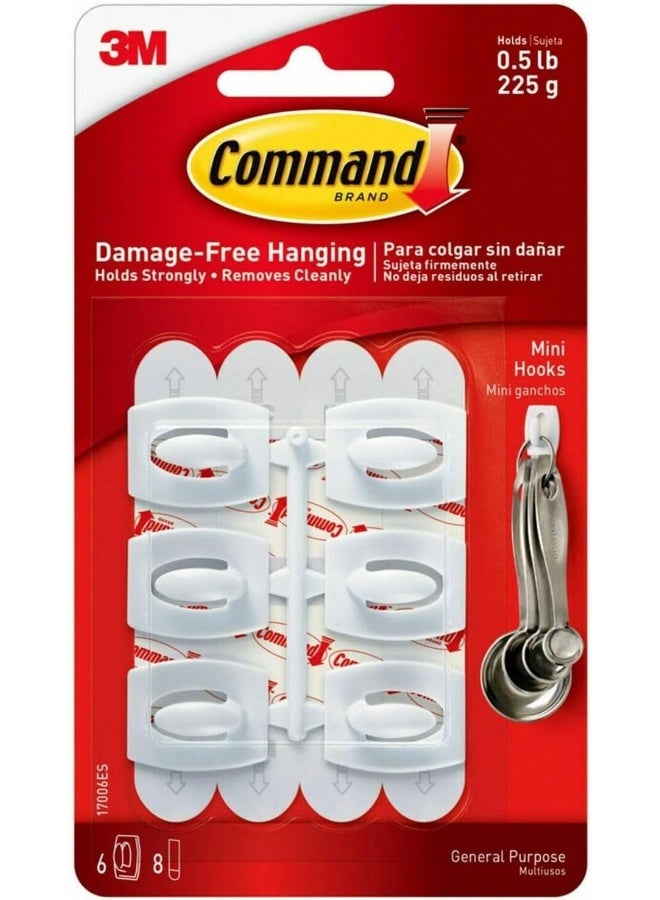 Command Command Mini Hooks – White, 6 Hooks with 8 Adhesive Strips, Damage-Free Wall Hooks for Lightweight Hanging - Image 1