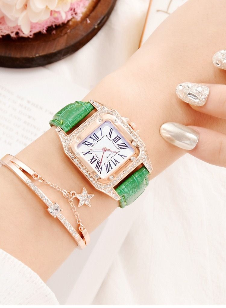 Fashionable bucket shaped square women's quartz watch with exquisite rhinestones on the dial, a two-piece set of watches and bracelets  - Image 1