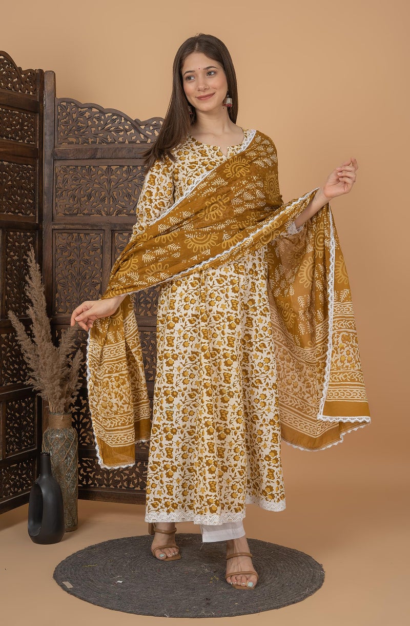 MEERA FAB Women Cotton Printed Anarkali Kurta with Palazzo & Dupatta Set, Mustard, 4XL - Image 4
