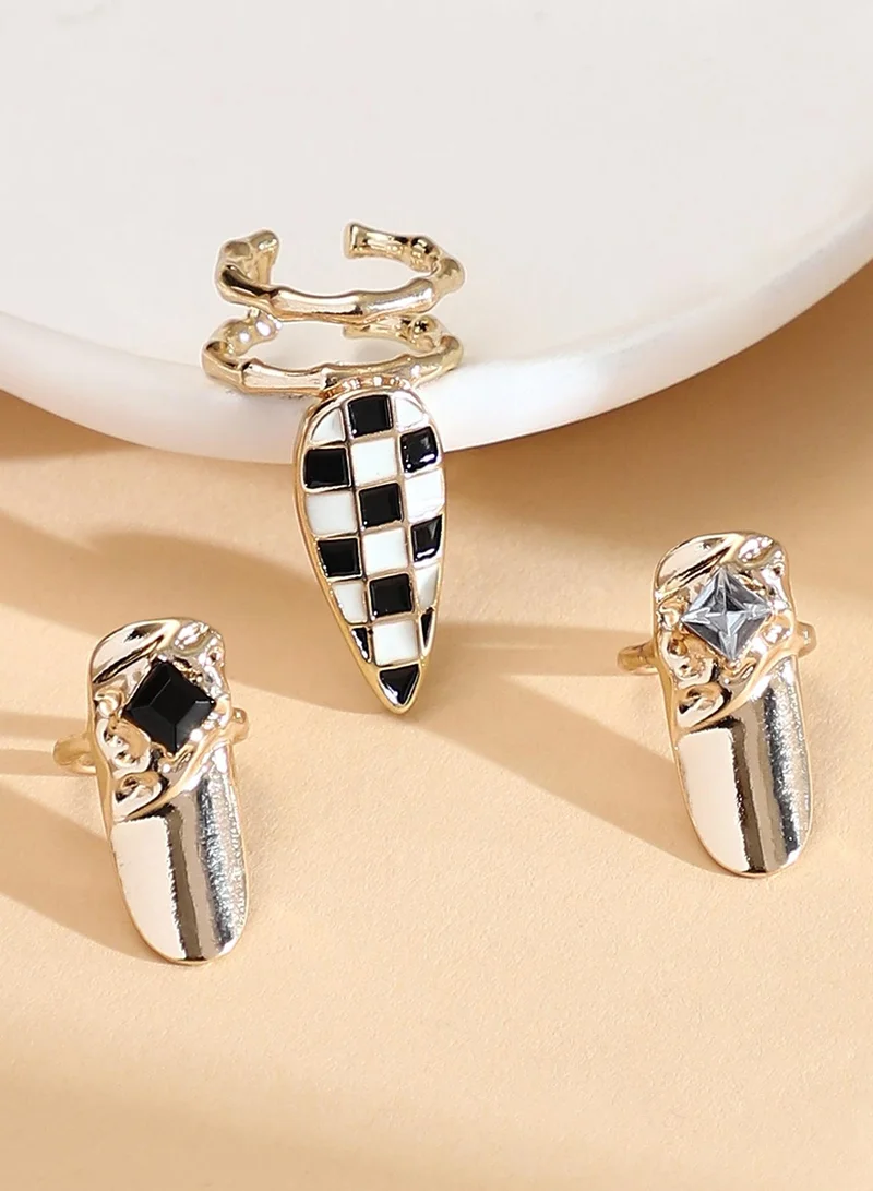 Women The Bijou-Checks Nail Ring Set | California  Colour | Set Of 3 | One-Size | Artificial Stone Alloy Material | Adjustable Closure | Ring For Casual & Evening Wear