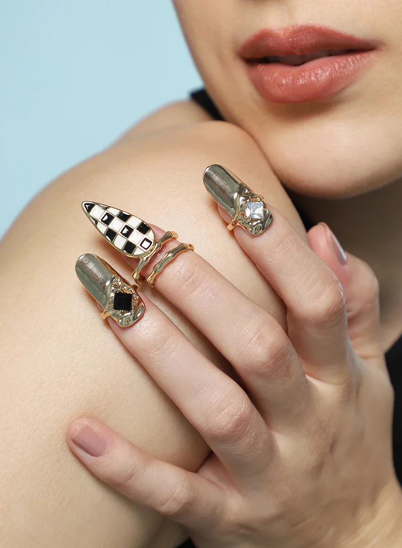 SOHI Women The Bijou-Checks Nail Ring Set | California  Colour | Set Of 3 | One-Size | Artificial Stone Alloy Material | Adjustable Closure | Ring For Casual & Evening Wear