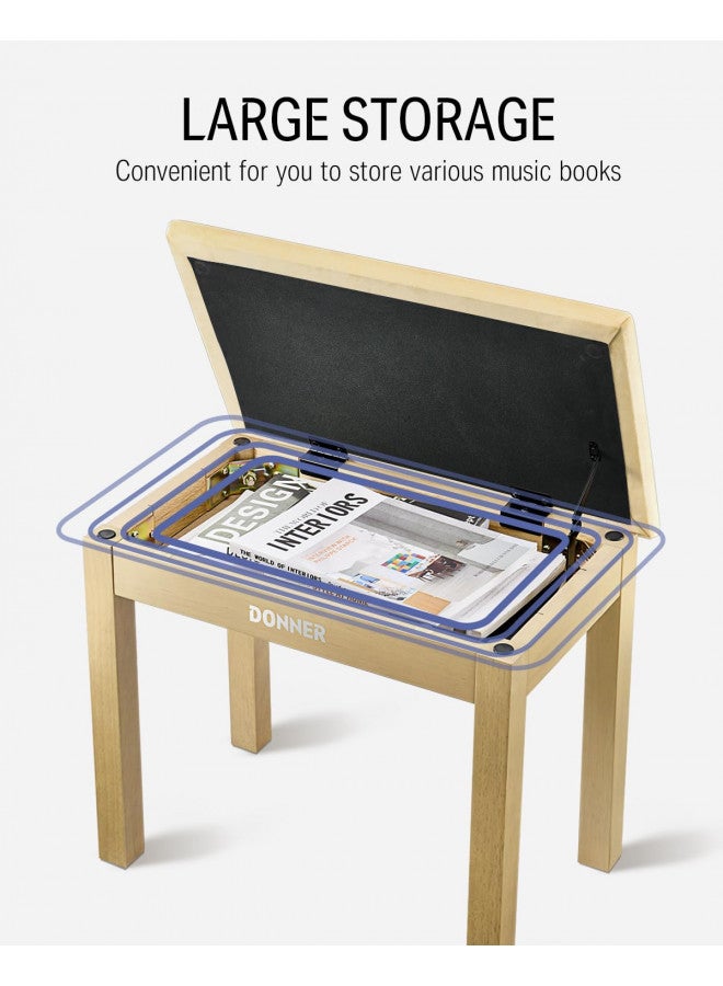 Donner Piano Bench with Storage, Solid Wood Keyboard Bench Piano Bookcase Stool Chair Seat with High-Density Suede Cushion, Light Wood Color - Image 3