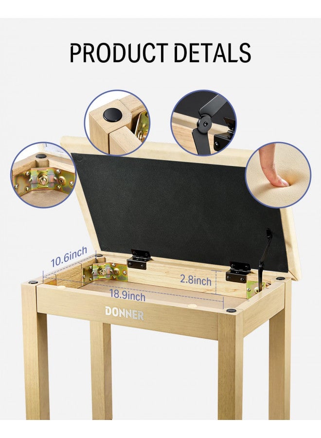Donner Piano Bench with Storage, Solid Wood Keyboard Bench Piano Bookcase Stool Chair Seat with High-Density Suede Cushion, Light Wood Color - Image 4