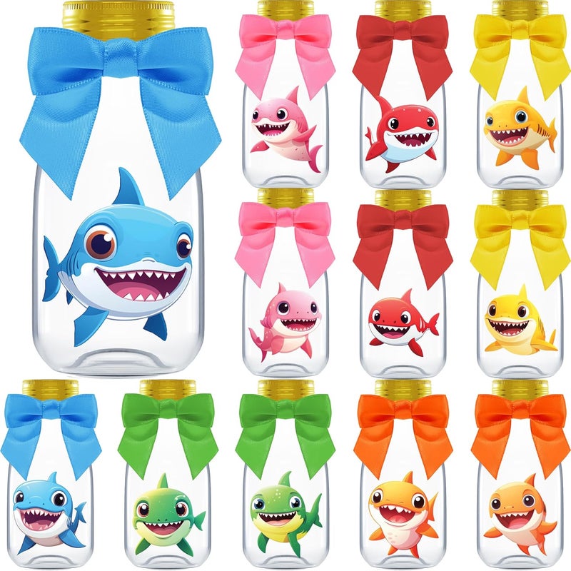Ethisa Small 12 Pack Baby Shark Party Favors - Candy Jars with Ribbons and Stickers - DIY Party Decoration Bottles for Birthday, School Classroom, and Baby Shower - Table Centerpieces for Kids - Image 1