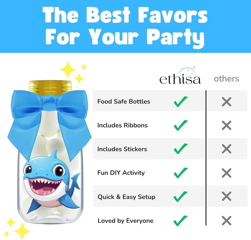 Ethisa Small 12 Pack Baby Shark Party Favors - Candy Jars with Ribbons and Stickers - DIY Party Decoration Bottles for Birthday, School Classroom, and Baby Shower - Table Centerpieces for Kids - Image 5