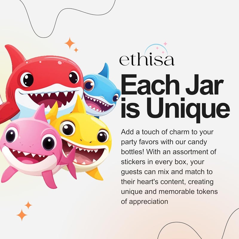 Ethisa Small 12 Pack Baby Shark Party Favors - Candy Jars with Ribbons and Stickers - DIY Party Decoration Bottles for Birthday, School Classroom, and Baby Shower - Table Centerpieces for Kids - Image 3