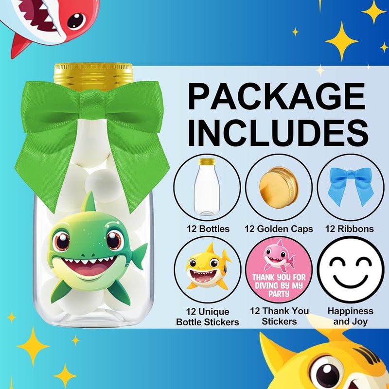Ethisa Small 12 Pack Baby Shark Party Favors - Candy Jars with Ribbons and Stickers - DIY Party Decoration Bottles for Birthday, School Classroom, and Baby Shower - Table Centerpieces for Kids - Image 2