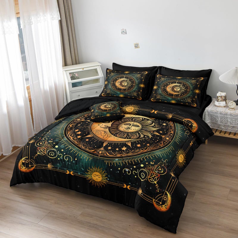 Herside Sun and Moon Bed in a Bag Black Psychedelic Celestial Bedding Comforter Set King Size,Bohemian Bedding Galaxy Comforter Set for Boys Girls Women,Gothic Mystic Witchy Bedding for Room Decor - Image 3