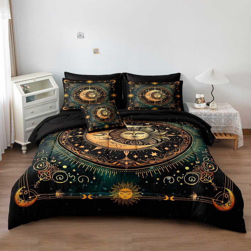 Herside Sun and Moon Bed in a Bag Black Psychedelic Celestial Bedding Comforter Set King Size,Bohemian Bedding Galaxy Comforter Set for Boys Girls Women,Gothic Mystic Witchy Bedding for Room Decor - Image 1
