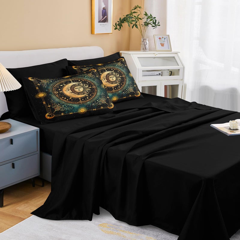 Herside Sun and Moon Bed in a Bag Black Psychedelic Celestial Bedding Comforter Set King Size,Bohemian Bedding Galaxy Comforter Set for Boys Girls Women,Gothic Mystic Witchy Bedding for Room Decor - Image 5