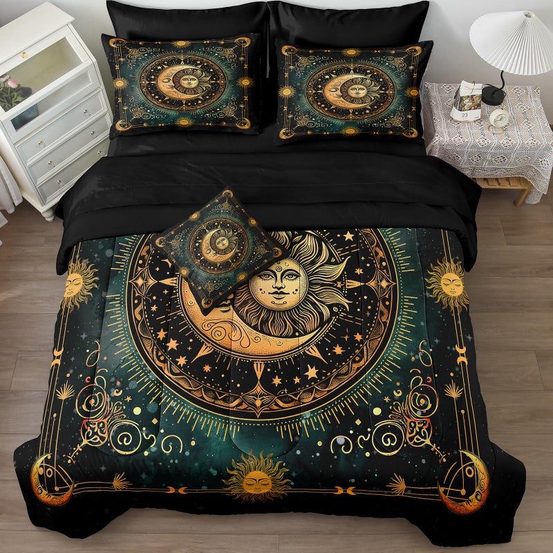Herside Sun and Moon Bed in a Bag Black Psychedelic Celestial Bedding Comforter Set King Size,Bohemian Bedding Galaxy Comforter Set for Boys Girls Women,Gothic Mystic Witchy Bedding for Room Decor - Image 2