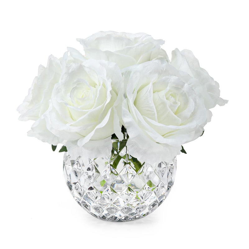 rubystory 7 Large Stem Rose Artificial Flowers in Vase Silk Flowers Arrangement in Round Glass Vase Without Water for Home Decor Wedding Table Cream