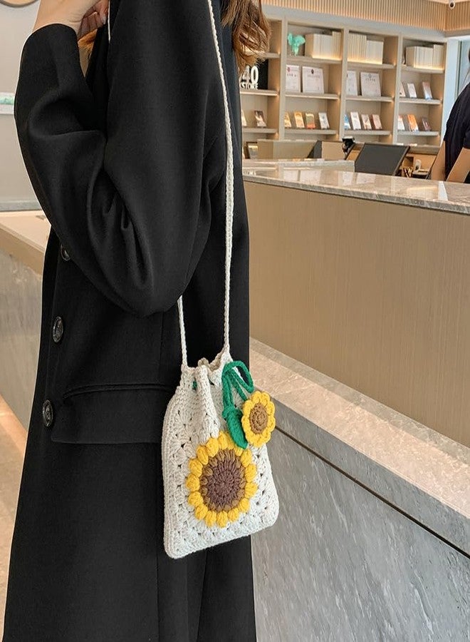HIPIHOM Handmade Sunflower Crochet Bag Knitted Shoulder Phone Bag Crossbody Bag Beach Women Messenger Shoulder Bags Girls Woven Purse - Image 4