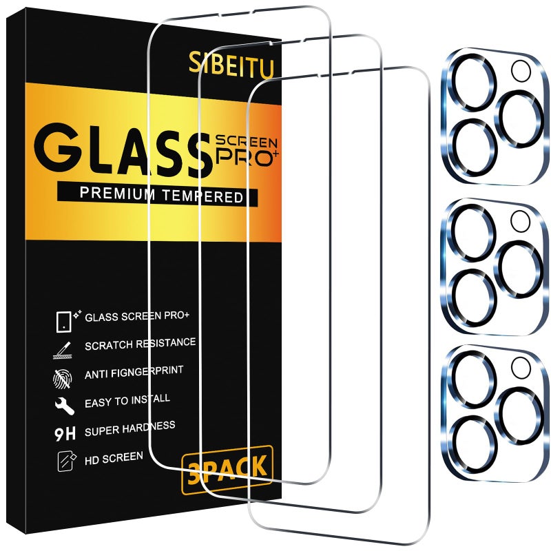 SIBEITU 3 Pack Screen Protector for iPhone 15 Pro Max with 3 Pack Camera Lens Tempered Glass Protector, 6.7 Inch HD Clear 9H Hardness Glass Film Full Coverage, Scratch Resistent, Bubbles Free - Image 1