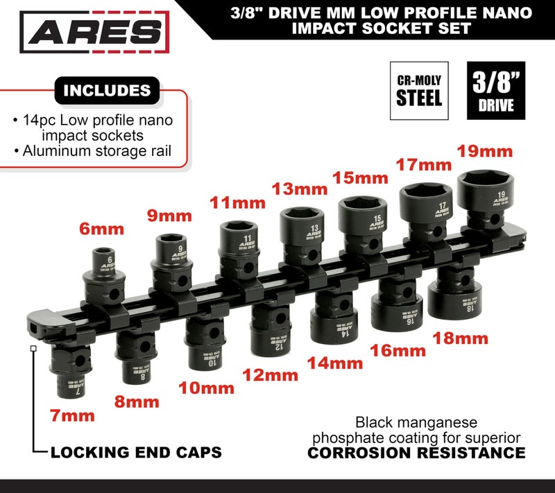 ARES 29018 â€“ 14-Piece 3/8-Inch Drive Metric Low Profile Nano Impact Socket Set â€“ Impact Grade Sockets Offer Greater Clearance Than Typical Shallow Sockets â€“ Includes Aluminum Storage Rail - Image 2
