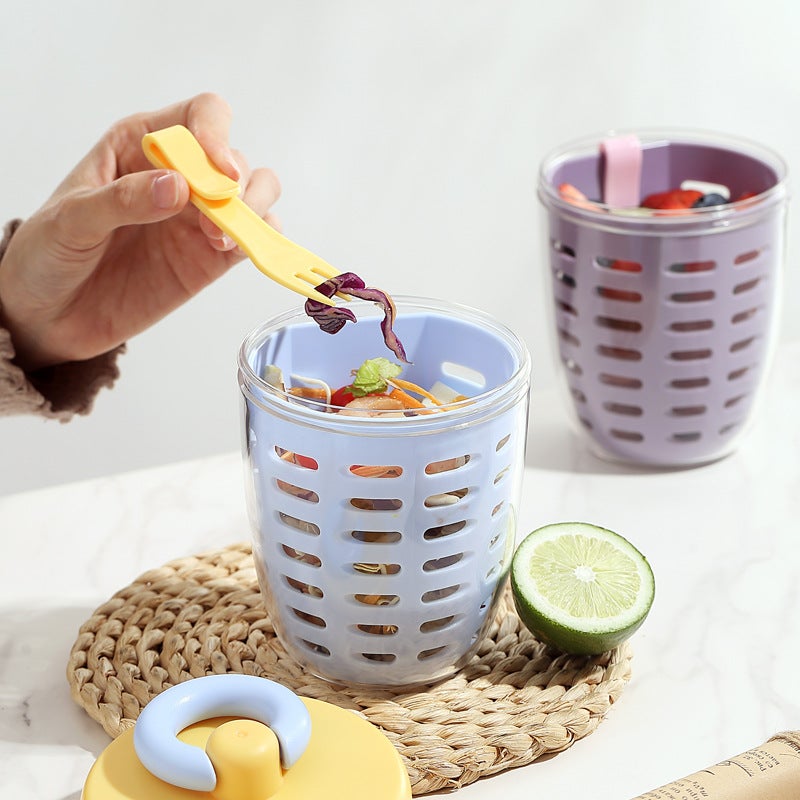 Portable Fruit Cup with Fork and Spoon, 650ml, PP Plastic, Double-Layer Lunch Box - Image 2