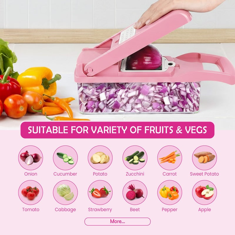 FALF 12-in-1 Vegetable Chopper & Mandoline Slicer with Container, Multifunctional Food Chopper, Onion Dicer & Grater for Potato, Carrot, Garlic and Salad, Kitchen Gadgets & Essentials (Pink) - Image 3