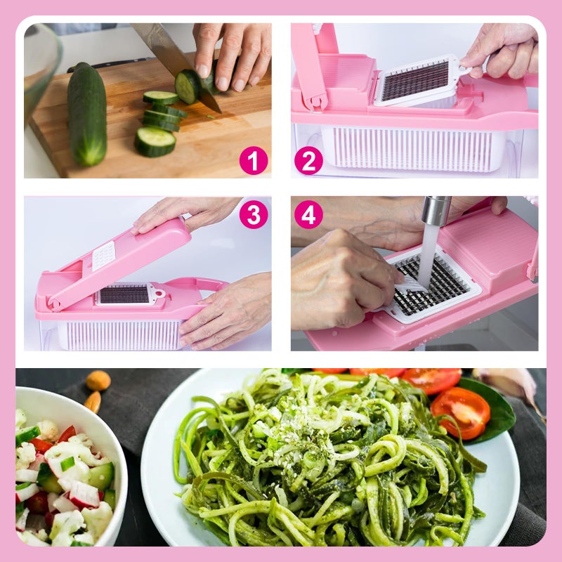 FALF 12-in-1 Vegetable Chopper & Mandoline Slicer with Container, Multifunctional Food Chopper, Onion Dicer & Grater for Potato, Carrot, Garlic and Salad, Kitchen Gadgets & Essentials (Pink) - Image 5