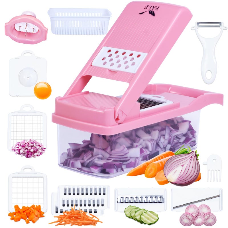 FALF 12-in-1 Vegetable Chopper & Mandoline Slicer with Container, Multifunctional Food Chopper, Onion Dicer & Grater for Potato, Carrot, Garlic and Salad, Kitchen Gadgets & Essentials (Pink) - Image 1
