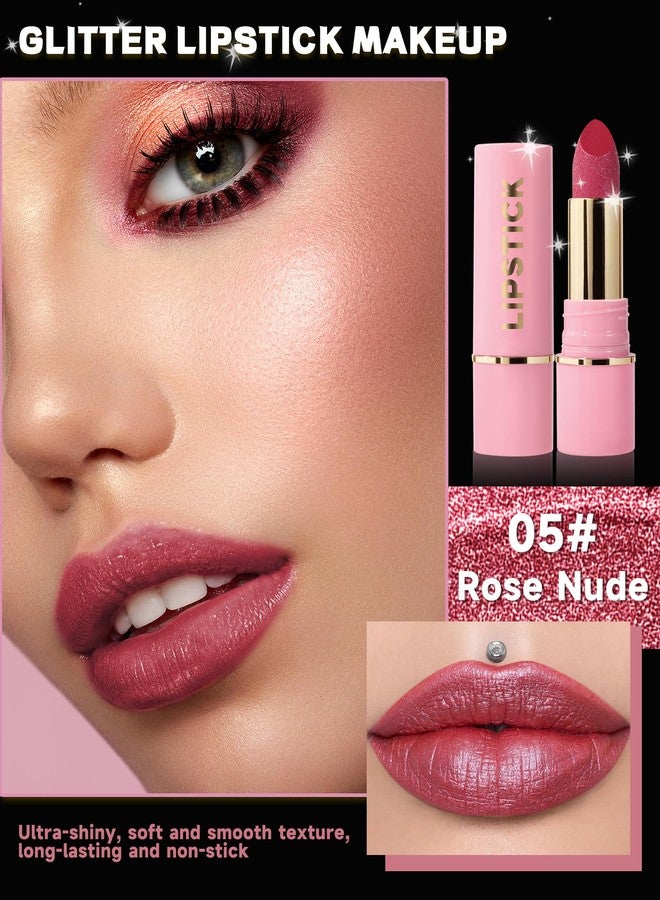 LYSdefeu Diamond Glitter Matte Lipstick,Rose Red Metallic Shimmer Lip Gloss Lip Tint Stain,Longlasting Waterproof Non-Stick Lip Color,Full Coverage Lipgloss,Mother's Lip Makeup Gift for Women Girl-05 - Image 2
