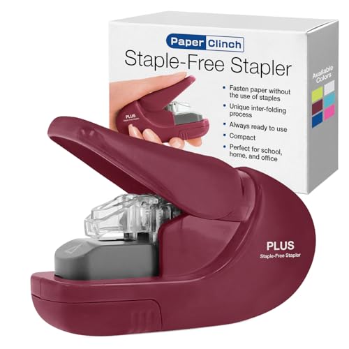 Plus Paper Clinch Compact Staple-Free Stapler, Burgundy Wine - Image 1
