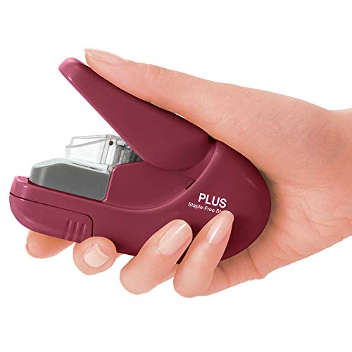 Plus Paper Clinch Compact Staple-Free Stapler, Burgundy Wine - Image 2