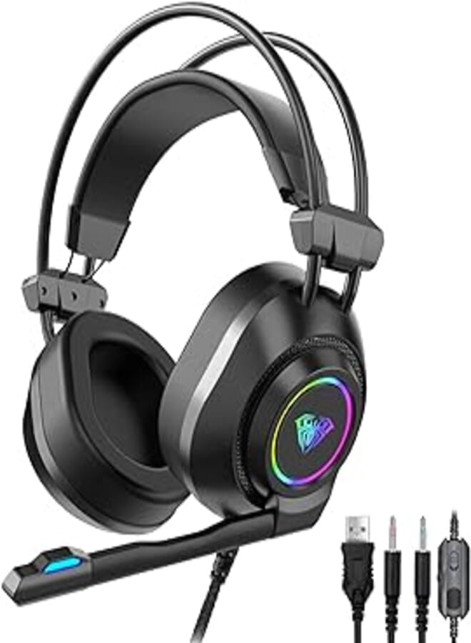 AULA S600 Wired USB Gaming Headset with Microphone 7.1 Surround Sound, RGB Rainbow Light | for PC Laptop Desktop