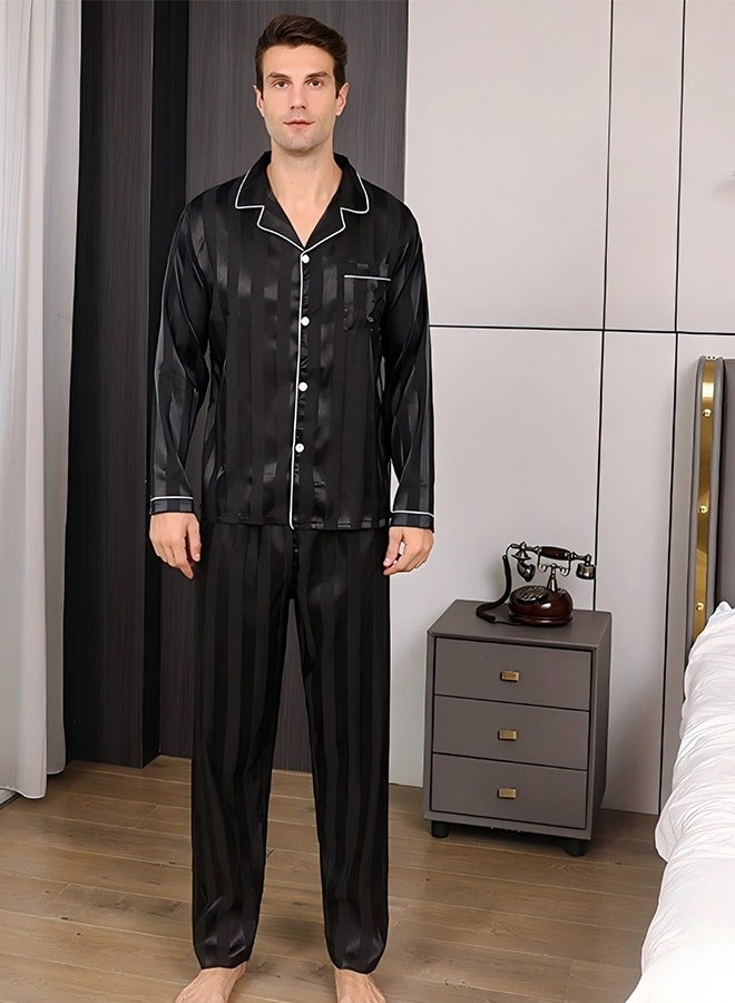Men's Pajama Set Comfortable Ice Silk Long Sleeve Cardigan Lapel Home Clothes Set Button-up Pajamas 2-Piece Set Long Sleeve Casual Set Soft PajamasWith Pockets Pajamas Men(XXL) - Image 3