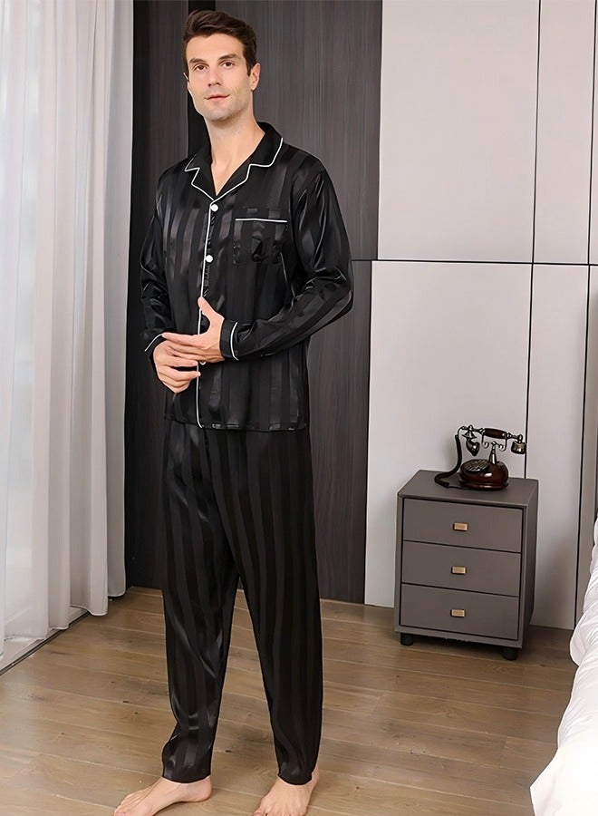 Men's Pajama Set Comfortable Ice Silk Long Sleeve Cardigan Lapel Home Clothes Set Button-up Pajamas 2-Piece Set Long Sleeve Casual Set Soft PajamasWith Pockets Pajamas Men(XXL) - Image 2