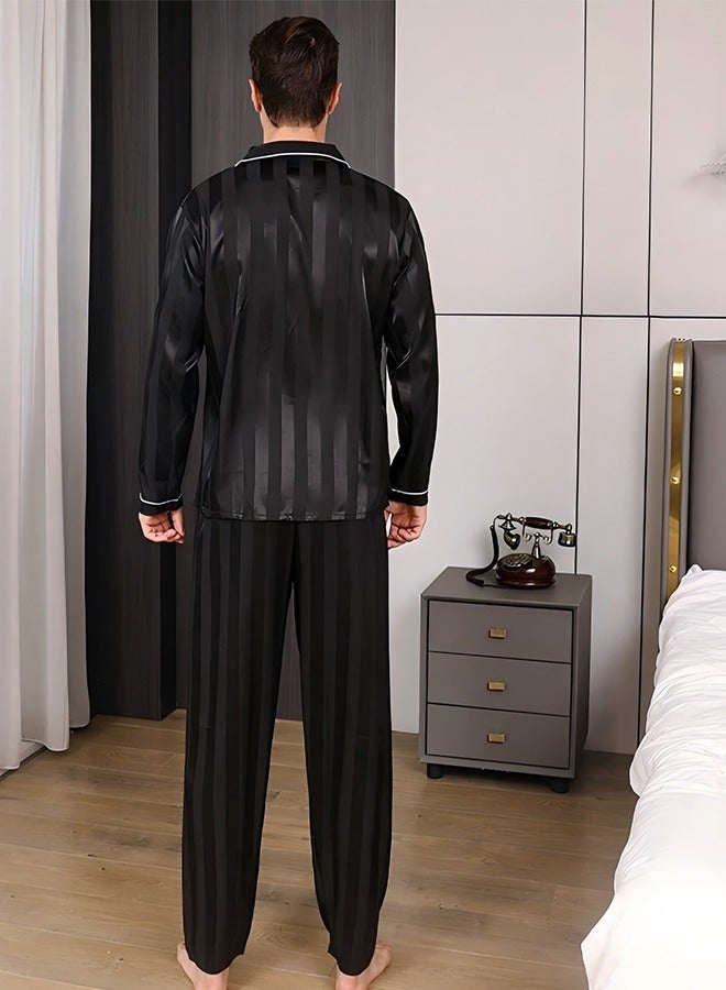 Men's Pajama Set Comfortable Ice Silk Long Sleeve Cardigan Lapel Home Clothes Set Button-up Pajamas 2-Piece Set Long Sleeve Casual Set Soft PajamasWith Pockets Pajamas Men(XXL) - Image 4