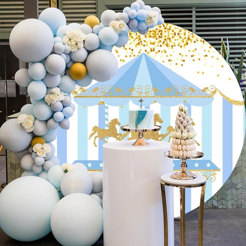 Laeacco 65x65ft Blue Carousel Round Backdrop Circus Carnival Theme Circle Backdrop Cover Golden Horse Amusement Park Carousel Photography Background for Boys Girls Birthday Party Photo Booth Props - Image 3