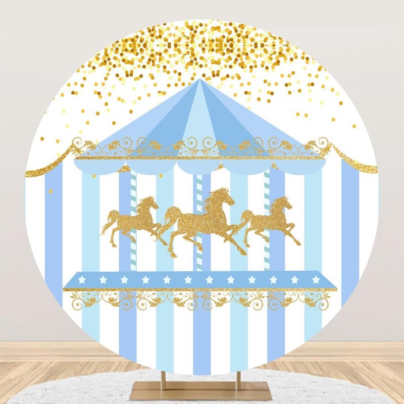 Laeacco 65x65ft Blue Carousel Round Backdrop Circus Carnival Theme Circle Backdrop Cover Golden Horse Amusement Park Carousel Photography Background for Boys Girls Birthday Party Photo Booth Props - Image 1