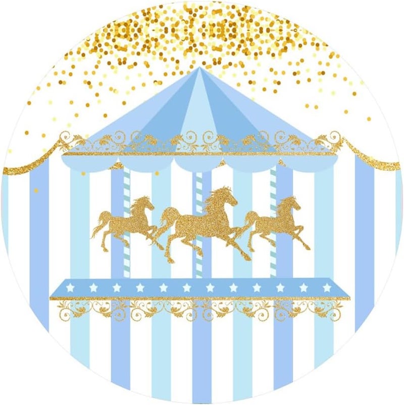 Laeacco 65x65ft Blue Carousel Round Backdrop Circus Carnival Theme Circle Backdrop Cover Golden Horse Amusement Park Carousel Photography Background for Boys Girls Birthday Party Photo Booth Props - Image 4