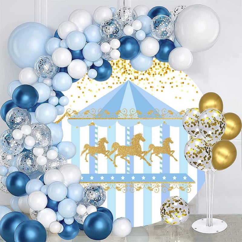 Laeacco 65x65ft Blue Carousel Round Backdrop Circus Carnival Theme Circle Backdrop Cover Golden Horse Amusement Park Carousel Photography Background for Boys Girls Birthday Party Photo Booth Props - Image 2